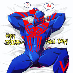  1boy ? animal_print arms_up bara blue_bodysuit bodysuit bulge english_text feet_out_of_frame from_above highres lying male_focus marvel muscular muscular_male on_back on_bed print_bodysuit red_bodysuit solo spider-man:_across_the_spider-verse spider-man_(2099) spider-man_(series) spider-verse spider_print spoken_question_mark spread_legs thighs two-tone_bodysuit v-taper volflamm 