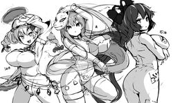  3girls absurdres breasts dancing fox_mask greyscale hat hata_no_kokoro highres large_breasts leotard long_hair mask mask_on_head mob_cap monochrome multiple_girls peso_(cheese_company) stuffed_animal stuffed_cat stuffed_toy sunken_fossil_world touhou twintails very_long_hair yorigami_jo&#039;on yorigami_shion 