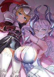  2girls absurdres armor armored_dress blonde_hair blue_eyes blush breasts commentary duel_monster earrings english_commentary grey_eyes hair_between_eyes helmet highres horns huge_breasts jewelry knight_(yu-gi-oh!) large_breasts lolicon looking_at_viewer lovely_labrynth_of_the_silver_castle lying multiple_girls open_mouth pointy_ears qianshui_baodan shadow skirt thighhighs white_hair wings yu-gi-oh! 