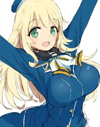  alchera arms_up atago_(kancolle) beret blonde_hair blue_hat breasts commentary_request female green_eyes hat kantai_collection large_breasts long_hair looking_at_viewer military military_uniform simple_background solo uniform upper_body white_background 