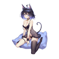  absurdres ahoge animal_ear_fluff animal_ears asymmetrical_legwear bell black_bra black_hair black_legwear black_panties blue_eyes blue_hair bra breasts cat_ears cat_tail choker cleavage closed_mouth collarbone female full_body highres honkai_(series) honkai_impact_3rd lingerie looking_at_viewer mismatched_legwear neck_bell panties pillow seele_vollerei shanyao_jiang_tororo short_hair simple_background sitting smile solo strap_slip tail tattoo underwear wariza white_background 