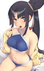  bare_shoulders bikini black_hair blue_bikini blue_eyes blush breasts candy chocolate collarbone commentary fate/grand_order fate_(series) female food hair_bun heart heart-shaped_chocolate highres index_finger_raised jacket large_breasts long_hair long_sleeves looking_at_viewer mouth_hold navel off_shoulder parted_bangs pinta_(ayashii_bochi) side_ponytail sidelocks single_hair_bun single_side_bun sitting solo stomach swimsuit thighs ushiwakamaru_(fate) ushiwakamaru_(swimsuit_assassin)_(fate) ushiwakamaru_(swimsuit_assassin)_(first_ascension)_(fate) valentine very_long_hair yellow_jacket 