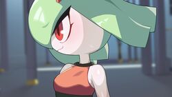  arms_at_sides bare_shoulders black_skirt blurry blurry_background blush breasts closed_mouth colored_skin commentary drunkoak english_commentary female green_hair happy high-waist_skirt highres indoors kirlia looking_to_the_side pokemon pokemon_(creature) profile red_eyes red_shirt shiny_skin shirt short_hair sidelocks skirt sleeveless sleeveless_shirt small_breasts smile solo standing upper_body wavy_mouth white_skin 