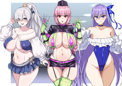  3girls anastasia_(fate) anastasia_(swimsuit_archer)_(fate) anastasia_(swimsuit_archer)_(third_ascension)_(fate) ass_visible_through_thighs bare_shoulders belt bikini blue_bikini blue_choker blue_eyes blue_ribbon blue_skirt blush bow braid braided_ponytail breasts cameltoe choker cleavage collarbone commentary_request condom condom_packet_strip condom_wrapper fate/grand_order fate_(series) florence_nightingale_(fate) florence_nightingale_(trick_or_treatment)_(fate) frilled_one-piece_swimsuit frills gloves green_bikini green_gloves green_legwear grey_hair hair_over_one_eye hair_ribbon hairbow hat highleg highleg_swimsuit highres holding holding_condom holding_syringe huge_breasts jewelry large_breasts layered_bikini licking_lips lipgloss long_hair long_sleeves looking_at_viewer meltryllis_(fate) meltryllis_(swimsuit_lancer)_(fate) meltryllis_(swimsuit_lancer)_(second_ascension)_(fate) microskirt miniskirt multiple_girls muta_poo navel necklace nurse nurse_cap off-shoulder_one-piece_swimsuit off_shoulder official_alternate_costume one-piece_swimsuit open_mouth pink_belt pink_hair ponytail puffy_long_sleeves puffy_sleeves purple_belt purple_bikini purple_hair red_eyes revealing_clothes ribbon rubber_gloves shrug_(clothing) side-tie_bikini_bottom skirt sleeves_past_fingers sleeves_past_wrists small_breasts smile swimsuit syringe thighhighs thighs tongue tongue_out very_long_hair white_ribbon 