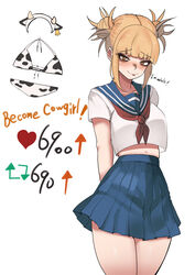  :p absurdres animal_print bags_under_eyes bikini blonde_hair blue_sailor_collar blue_skirt boku_no_hero_academia cow_print cow_print_bikini double_bun english_commentary female hair_bun highres messy_hair navel neckerchief pleated_skirt print_bikini red_neckerchief sailor_collar skirt slit_pupils solo swimsuit toga_himiko tongue tongue_out yellow_eyes zd_(pixiv6210083) 