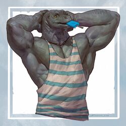  1:1 2022 anthro biceps clothing digital_media_(artwork) fingers food grey_body hi_res komodo_dragon lizard male monitor_lizard muscular muscular_anthro muscular_male pecs popsicle reptile scales scalie simple_background solo taran_fiddler topwear 