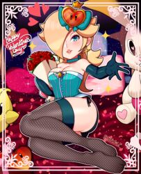  absurdres ass black_panties blonde_hair bouquet breasts character_doll cleavage commentary corset elbow_gloves english_commentary female fishnet_thighhighs fishnets flower gloves hair_ornament highres life-up_heart_(mario) looking_at_viewer luma_(mario) lying mario_(series) on_side panties parted_lips rosalina sarukaiwolf side-tie_panties smile solo stuffed_animal stuffed_rabbit stuffed_toy thighhighs underwear valentine 