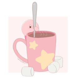  1boy animated animated artist_name blue_eyes border chocomiru cup food hot_chocolate kirby kirby_(series) marshmallow mixing mug no_humans pink_background signature simple_background solo star_(symbol) steam stirring white_border 