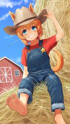  aged_down alternate_costume animal_ears aqua_eyes barefoot barn commentary cowboy_hat denim ears_through_headwear farm farmer female hair_between_eyes hat hay hay_bale highres horse_ears horse_girl horse_tail kaniyamo mouth_hold orange_hair overalls red_shirt shaded_face shirt short_hair short_sleeves smile solo stalk_in_mouth star_ornament t-shirt taiki_shuttle_(umamusume) tail umamusume 