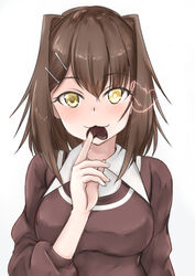  blush breasts brown_hair brown_shirt candy chocolate female food furutaka_(kancolle) glowing glowing_eye hair_ornament hairclip heart heart-shaped_chocolate highres kantai_collection koru_pera large_breasts looking_at_viewer mouth_hold official_alternate_costume shirt short_hair smile solo upper_body 