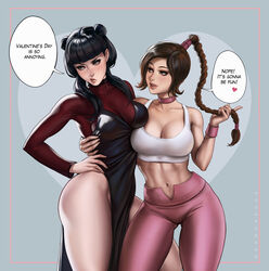  2girls aged_up avatar_legends black_hair border braid breasts brown_eyes brown_hair choker cleavage commentary dandon_fuga double_bun english_commentary english_text grey_background hair_bun heart large_breasts lips long_hair mai_(avatar) medium_breasts midriff multiple_girls navel parted_lips pout red_border thick_thighs thighs toned ty_lee yuri 