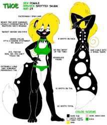  blonde_hair clothing collar ear_piercing ear_ring english_text female fur hair mammal markings mephitid model_sheet piercing ring_piercing skunk spots spotted_body spotted_fur tabbiewolf text thoe_(tabbiewolf) underwear 