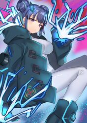  blue_hair bodysuit breasts cosplay double_bun duel_monster electricity evil_twin_lil-la female gloves hair_bun highres jacket large_breasts lil-la_(yu-gi-oh!) long_sleeves looking_at_viewer nernnernneru open_clothes open_jacket purple_eyes short_hair spright_blue spright_blue_(cosplay) white_bodysuit yu-gi-oh! 