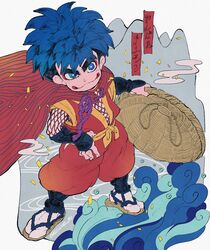  1boy ajirogasa blue_eyes blue_hair cape commentary ezume_(rosehip) full_body ganbare_goemon goemon hat highres japanese_clothes makeup male_focus sandals sash smile solo twitter_username unworn_hat unworn_headwear waving 