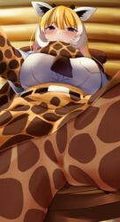  absurdres animal_ears animal_print belt blonde_hair blush bodystocking breast_pocket breasts brown_necktie closed_mouth cowboy_shot crotch female foreshortening from_below giraffe_ears giraffe_girl giraffe_horns giraffe_print half-closed_eyes high-waist_skirt highres horns indoors kemono_friends large_breasts layered_sleeves legs_apart long_hair long_sleeves looking_at_viewer looking_down miniskirt multicolored_hair necktie pantyhose pocket print_scarf print_sleeves purple_eyes reticulated_giraffe_(kemono_friends) scarf shirt short_over_long_sleeves short_sleeves skirt solo upskirt white_hair white_shirt ykt_scl 