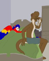  avian bed bird brown_body brown_fur cobra duo female fur furniture herpestid hybrid macaw male male/female mammal mephitid mongoose neotropical_parrot parrot red_body red_fur reptile richard_(tabbiewolf) scalie skunk snake tabbiewolf thursday_(tabbiewolf) true_parrot 