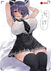  black_gloves black_skirt blush bouncing bouncing_breasts breast_pocket breasts checkered_clothes checkered_necktie embarrassed eyepatch female fur-trimmed_jacket fur_trim gloves headgear high-waist_skirt highres jacket kantai_collection large_breasts looking_at_viewer mizuta_kenji necktie partially_fingerless_gloves pocket purple_hair recording shirt short_hair skirt sleeveless sleeveless_shirt solo tenryuu_(kancolle) tenryuu_kai_ni_(kancolle) thighhighs translation_request white_shirt yellow_eyes 