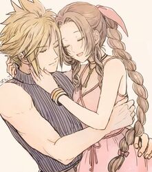  1boy aerith_gainsborough ancotsubu arms_around_back arms_around_neck belt blonde_hair blue_shirt bracelet braid braided_ponytail breasts choker cleavage closed_eyes cloud_strife couple dress female final_fantasy final_fantasy_vii final_fantasy_vii_remake hair_ribbon jacket jewelry medium_breasts open_mouth parted_bangs pink_dress protected_link ribbon shirt sidelocks sleeveless sleeveless_turtleneck smile spiked_hair straight turtleneck unworn_armor unworn_jacket 