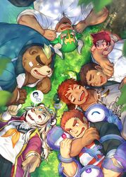  5boys alternate_costume animal_ears arm_around_shoulder ashigara_(housamo) bandaid bandaid_on_face bandaid_on_nose bara bear_boy bear_ears blush brown_eyes brown_fur brown_hair casual cow_boy cow_ears cow_horns dark-skinned_male dark_skin david_(housamo) durga_(housamo) embarrassed eye_black facial_hair fake_animal_ears female fiery_horns forked_eyebrows furry furry_male glowing_horns goatee gozu_farm grass green_hair green_shirt highres horns ikusaba_daisuke large_pectorals lying multiple_boys muscular muscular_male nakatsugi_kyuuma navel on_back outdoors pants partially_unbuttoned pectoral_cleavage pectorals plump protagonist_3_(housamo) school_uniform selfie_stick serafuku shirt short_hair short_sleeves smile spiked_hair stomach stubble sunlight tamamura_gunzo taurus_mask thick_eyebrows thick_thighs thighs tiger_ears tiger_girl tight_clothes tight_pants tokyo_afterschool_summoners wakan_tanka wrestling_mask wrestling_outfit 