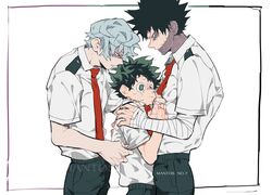  3boys artist_name bandaged_arm bandages black_hair boku_no_hero_academia collared_shirt commentary_request dabi_(boku_no_hero_academia) ear_piercing english_commentary freckles green_eyes green_hair green_pants grey_hair hand_on_another&#039;s_chest hand_on_another&#039;s_shoulder height_difference male_focus mantos_no.7 midoriya_izuku mixed-language_commentary multiple_boys necktie pants parted_lips piercing red_hair red_necktie scar scared school_uniform shigaraki_tomura shirt shirt_grab short_hair short_sleeves simple_background spiked_hair stapled sweat tears thai_commentary u.a._school_uniform watermark white_background white_shirt yaoi 