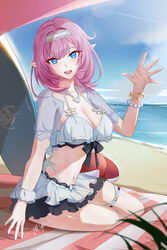  :d absurdres beach beach_mat bikini bikini_skirt blue_eyes blue_sky breasts cleavage cloud cloudy_sky elf elysia_(honkai_impact) elysia_(miss_pink_elf)_(honkai_impact) elysia_(summer_miss_elf)_(honkai_impact) female frilled_bikini frills full_body headband highres honkai_(series) honkai_impact_3rd jewelry long_hair long_sleeves navel necklace on_floor ooo_wange outdoors pink_eyes pointy_ears sand signature sitting sky smile summer surfboard swimsuit water white_bikini 