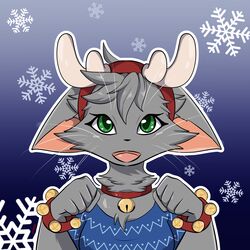  1:1 anthro antler_headband bell bell_collar blue_clothing blue_shirt blue_topwear breasts cel_shading clothed clothed_anthro clothed_female clothing collar domestic_cat ears_down eyelashes felid feline felis female fur gradient_background green_eyes grey_body grey_fur hi_res jingle_bell jingle_bell_collar jingle_bell_wristband looking_up mammal open_mouth outline pivoted_ears raveneevee shaded sheilah_(5h3i1ah) shirt signature simple_background snowflake solo topwear trans_(lore) trans_woman_(lore) 