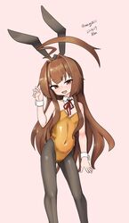  absurdres ahoge alternate_costume animal_ears black_leotard bow bowtie breasts brown_eyes brown_hair covered_navel detached_collar fake_animal_ears feet_out_of_frame female highres huge_ahoge kantai_collection kuma_(kancolle) leotard long_hair maru_(marg0613) neck_ribbon one-hour_drawing_challenge orange_leotard pantyhose playboy_bunny rabbit_ears red_ribbon ribbon small_breasts solo strapless strapless_leotard wrist_cuffs 