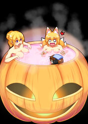  3girls animal_ears asphyxiation bathing blonde_hair blush breasts brown_hair cat_ears chen commentary_request drowning eyebrows fox_ears fox_tail full-face_blush hair_bun hair_up halloween jack-o&#039;-lantern kagelantern large_breasts looking_at_another multiple_girls multiple_tails open_mouth partially_submerged pink_water purple_eyes ripples same-sex_bathing scared shared_bathing shiny_skin short_hair single_hair_bun solid_circle_eyes steam sweatdrop tail touhou towel towel_on_head yakumo_ran yakumo_yukari 