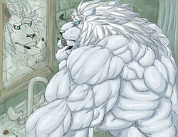  2014 4_fingers anthro back_muscles bathroom big_biceps big_muscles black_claws black_nose blue_eyes claws colored detailed_background digital_drawing_(artwork) digital_media_(artwork) ears_back eye_contact eyebrows felid fingers frown fur green_background grey_pawpads hair huge_muscles humanoid_hands hyper hyper_muscles inside light lion looking_at_another looking_at_mirror looking_at_object male mammal mane manly mirror muscular muscular_anthro muscular_male nude pantherine pawpads pecs pivoted_ears reflection shaded side_view signirsol simple_background sink snout solo standing triceps were werefelid werelion werepantherine white_body white_eyebrows white_fur white_hair white_mane 