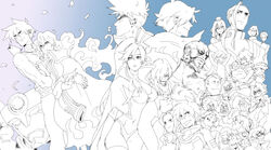  6+boys 6+girls ailac_coega anne_(ttgl) attenborough_cortitch bad_id bad_pixiv_id barinbo blue_background boota_(ttgl) couple cybela_kuto darry_adai dayakka everyone gabal_docker gimmy_adai gradient_background guinble jogan kamina_(ttgl) kidd_coega kinon_bachika kittan_bachika kiyal_bachika kiyoh_bachika lagann leeron_littner leite_jokin lordgenome makken mecha multiple_boys multiple_girls mwgi nia_teppelin robot rossiu_adai simon_(ttgl) spot_color straight tengen_toppa_gurren_lagann tetsukan viral_(ttgl) yoko_littner zoushi_kanai 