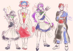  4boys alternate_costume apron blue_eyes blue_hair blush bow braid commentary_request cosplay crossdressing detached_sleeves enmaided glasses green_hair hair_over_one_eye hair_tubes hairbow hakurei_reimu hakurei_reimu_(cosplay) hat horns izayoi_sakuya izayoi_sakuya_(cosplay) james_p._sullivan jeff_fungus kirisame_marisa kirisame_marisa_(cosplay) knife long_hair maid maid_headdress male_focus masaki_(star8moon) mike_wazowski monsters_inc. morichika_rinnosuke morichika_rinnosuke_(cosplay) multiple_boys one-eyed personification purple_hair randall_boggs ribbon sharp_teeth short_hair skirt slit_pupils smile teeth touhou translation_request twin_braids very_long_hair witch_hat 