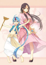  1boy aladdin_(magi) arabian_clothes barefoot black_hair blue_eyes blue_hair braid chinese_clothes commentary_request female flute grey_eyes grin hair_tubes hand_fan highres instrument long_hair magi_the_labyrinth_of_magic mole navel ocha_(hutuumikan) open_mouth outstretched_arms photoshop_(medium) ren_hakuei single_braid smile spread_arms staff turban 