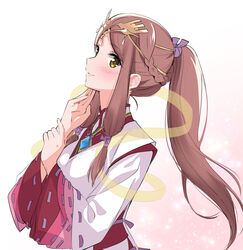  alternate_hairstyle blush braid brown_eyes circlet closed_mouth commentary_request fan_la_norne female french_braid from_side gem gradient_background hands_up japanese_clothes kimono layered_sleeves long_hair looking_at_viewer looking_to_the_side misu_kasumi parted_bangs pink_background pink_hair ribbon-trimmed_sleeves ribbon_trim see-through sidelocks sideways_glance smile solo upper_body white_kimono xenoblade_chronicles_(series) xenoblade_chronicles_2 xenoblade_chronicles_2:_torna_-_the_golden_country 