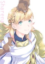  animal animal_on_head armor blonde_hair braid character_name closed_mouth commentary_request crown_braid female fire_emblem fire_emblem_heroes gradient_hair green_eyes long_hair multicolored_hair on_head pink_hair qumaoto scale_armor sharena_(fire_emblem) simple_background smile squirrel twitter_username upper_body white_background 