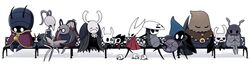  2others 5girls 6+boys antennae arm_rest bad_id bad_pixiv_id bag_over_head bench blush bretta_(hollow_knight) bug cloth_(hollow_knight) commentary_request confessor_jiji cornifer crossed_legs dated elderbug fidgeting flower full_body glasses grimmchild highres holding hollow_eyes hollow_knight hood hornet_(hollow_knight) index_fingers_together iselda knight_(hollow_knight) looking_at_viewer mask mask_on_head multiple_boys multiple_girls multiple_others needle_(hollow_knight) no_humans poncho quirrel sango_(y1994318) shadow shield sitting sleeping sly_(hollow_knight) tiso weapon white_background zote 