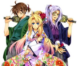  2boys :d blonde_hair blue_eyes brown_eyes brown_hair checkered commentary_request densetsu_no_yuusha_no_densetsu female ferris_eris floral_print flower frilled_kimono frills gradient_hair green_eyes green_kimono grey_hair grey_hakama hair_between_eyes hair_flower hair_ornament hair_ribbon hakama hakama_skirt haori high_ponytail holding holding_brush ink ink_on_face japanese_clothes kimono long_hair looking_at_viewer mekeko multicolored_hair multiple_boys open_mouth partial_commentary pink_hair print_kimono purple_kimono red_flower red_ribbon ribbon ryner_lute simple_background sion_astal skirt smile standing striped two-tone_hair very_long_hair white_background white_ribbon yukata 