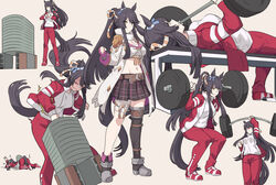  animal_ears bandaid bandaid_on_face bandaid_on_nose barbell black_hair black_legwear black_skirt closed_eyes closed_mouth exercising female fingerless_gloves gloves gym_shirt holding horse_ears horse_girl horse_tail jacket long_hair long_sleeves multiple_views narita_brian_(umamusume) navel open_clothes open_jacket pants pink_gloves pleated_skirt ponytail red_pants shirt shiseki_hirame single_thighhigh skirt tail thighhighs track_jacket track_suit umamusume white_jacket white_shirt yellow_eyes 