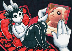  2020 ambiguous_gender animal_crossing anthro baphomet_(deity) baphomet_(parasitedeath) bed bovid caprine chair deity demon dom_(animal_crossing) electronics eyelashes furniture goat hooves horizontal_pupils horn male mammal nintendo on_bed parasitedeath photo piercing pupils radio sheep signature simple_background sitting solo traditional_media_(artwork) white_background white_pupils wings 