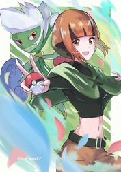  :d absurdres belt black_belt black_hair black_shirt blunt_bangs capelet cargo_shorts crop_top cropped_shirt dusk_poke27 female gardenia_(pokemon) green_capelet highres holding holding_poke_ball long_sleeves looking_at_viewer midriff multicolored_hair navel open_mouth orange_eyes orange_hair orange_shorts poke_ball pokemon pokemon_(creature) pokemon_dppt roserade shirt shorts smile teeth twitter_username two-tone_hair upper_teeth_only v 