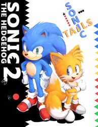  2boys :d animal_ears animal_nose blue_eyes blue_fur character_name closed_mouth copyright_name fox_boy fox_ears full_body furry furry_male gloves green_eyes hedgehog_ears male_focus misuta710 multiple_boys multiple_tails open_mouth red_footwear smile sonic_(live_action) sonic_(series) sonic_the_hedgehog sonic_the_hedgehog_(classic) sonic_the_hedgehog_(film) sonic_the_hedgehog_2 sonic_the_hedgehog_2_(film) standing tail tails_(sonic) two_tails white_gloves yellow_fur 