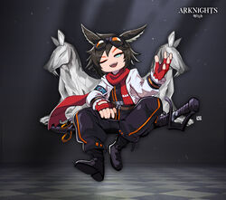  1boy absurdres animal_ears arknights black_footwear black_hair black_pants blue_eyes boots courier_(arknights) eyewear_on_head full_body gloves highres horse_boy horse_ears invisible_chair jacket lataedelan long_sleeves looking_at_viewer male_focus one_eye_closed pants red_gloves red_scarf scarf sheath sheathed sitting solo sunglasses sword v v-shaped_eyebrows weapon white_jacket 