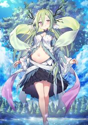  antlers bare_legs black_skirt blue_sky blush breasts cleavage cloud commentary day detached_sleeves fantasy female floating forest full_body giant_tree green_hair hair_between_eyes highres horns lake leaf long_hair looking_at_viewer midriff mountainous_horizon nature navel original outdoors parted_lips personification pink_eyes pointy_ears sandals shawl skirt sky smile solo sparkle stomach topia tree water white_footwear wide_sleeves yggdrasil 