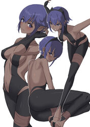  announ_(kurotya) ass bare_shoulders black_gloves black_hairband black_leotard blush breasts center_opening clenched_teeth commentary_request dark-skinned_female dark_skin fate/prototype fate/prototype:_fragments_of_blue_and_silver fate_(series) female fingerless_gloves full_body gloves hairband hassan_of_serenity_(fate) highres leggings leotard looking_at_viewer looking_back medium_breasts multiple_views navel purple_eyes purple_hair short_hair sidelocks smile teeth very_dark_skin 