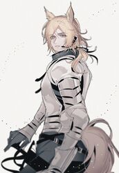  1boy animal_ears arknights armor bishounen blonde_hair breastplate cowboy_shot earpiece from_behind gloves highres horse_boy horse_ears horse_tail looking_at_viewer looking_back male_focus mlynar_(arknights) pienahenggou ponytail simple_background solo sword tail weapon yellow_eyes 