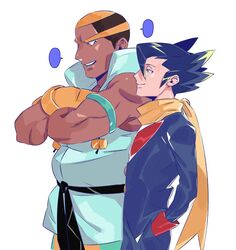  2boys bare_shoulders belt black_belt buzz_cut commentary_request crossed_arms dark-skinned_male dark_skin green_(grimy) grimsley_(pokemon) male_focus marshal_(pokemon) multiple_boys muscular muscular_male pokemon pokemon_bw short_hair sideburns sleeveless smile spiked_hair very_short_hair 