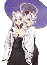  2girls :d black_bow black_hakama blue_eyes blush bow breasts commentary_request fox_mask hair_between_eyes hakama hakama_skirt highres holding holding_umbrella japanese_clothes long_hair long_sleeves looking_at_viewer looking_to_the_side mask mask_on_head medium_breasts miko multiple_girls nyoro_(nyoronyoro000) oil-paper_umbrella open_mouth original photoshop_(medium) purple_eyes purple_umbrella ribbon-trimmed_sleeves ribbon_trim shared_umbrella short_eyebrows simple_background skirt smile thick_eyebrows umbrella white_background white_hair wide_sleeves 