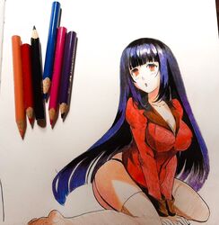  :o arms_between_legs art_tools_in_frame black_hair blunt_bangs blunt_ends breasts brown_thighhighs cleavage collarbone colored_pencil colored_pencil_(medium) commentary female garter_straps hyakkaou_academy_school_uniform jabami_yumeko jacket kakegurui kneeling long_hair medium_breasts open_mouth orange_eyes pencil philiera photo_(medium) red_jacket russian_commentary school_uniform sidelocks soles solo thighhighs traditional_media very_long_hair 