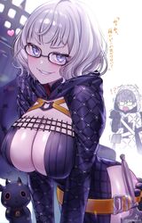  1boy absurdres baphomet_(fate) belt black_dress black_jacket blue_eyes breasts cleavage commentary cropped_jacket dress dual_persona fate/grand_order fate/grand_order_arcade fate_(series) female glasses grey_hair grin highres hood hooded_jacket jacket jacques_de_molay_(foreigner)_(fate) jacques_de_molay_(foreigner)_(second_ascension)_(fate) jacques_de_molay_(saber)_(fate) lamb large_breasts long_sleeves looking_at_viewer open_clothes open_jacket sheep short_dress short_hair smile sword thighs translated weapon yayoi_maka 