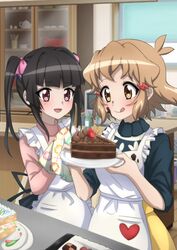  2girls apron black_hair blush brown_eyes brown_hair cake chocolate_cake closed_mouth commentary_request food hair_ornament hair_ribbon hairclip highres indoors multiple_girls open_mouth red_eyes ribbon senki_zesshou_symphogear short_hair smile sweater tachibana_hibiki_(symphogear) tongue tongue_out tsukuyomi_shirabe twintails yukitsuba_hina 