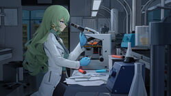  absurdres black_necktie black_skirt blue_gloves chair chinese_commentary closed_mouth coat commentary dark earrings female from_side gloves green_eyes green_hair highres honkai_(series) honkai_impact_3rd indoors jewelry lab_coat laboratory latex latex_gloves long_hair long_sleeves microscope mobius_(honkai_impact) necktie polo_shirt science_fiction scientist single_earring sitting skirt solo white_coat wood_cube 